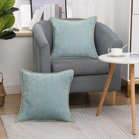 decorUhome Boho farmhouse pillow cover in Aqua Haze elevates bed and sofa styling.
