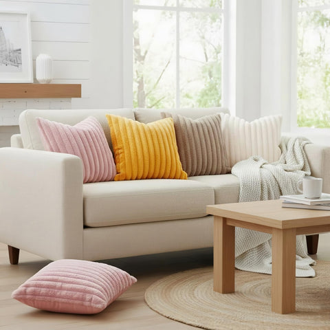 decorUhome cream fur pillow cover styled on a cozy living room setup