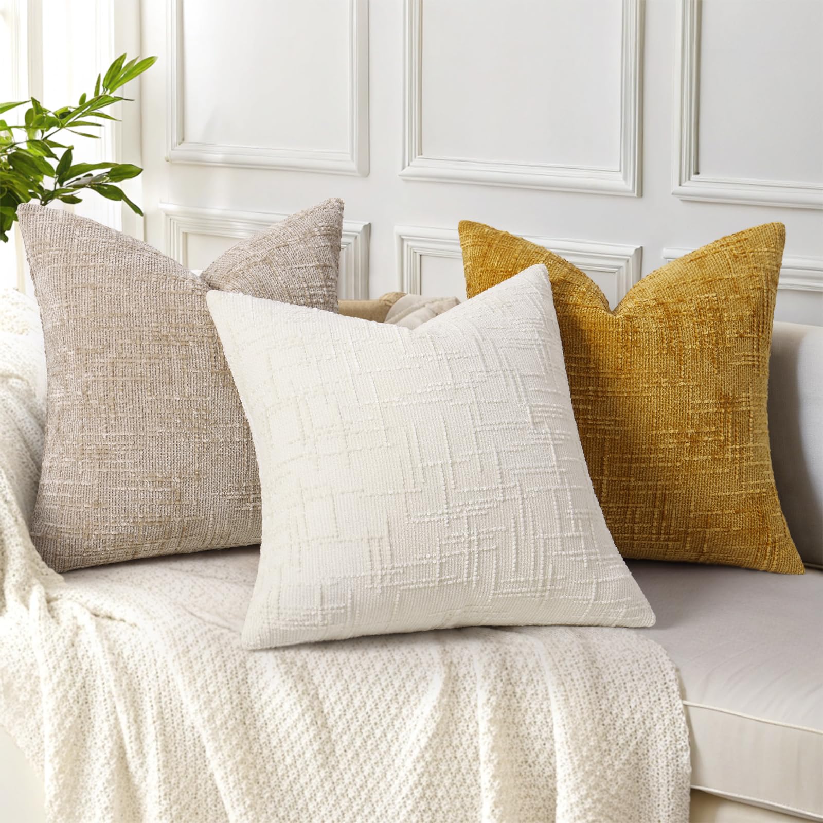 decorUhome decorative pillow cover set in living room arrangement emphasizing neutral tones.