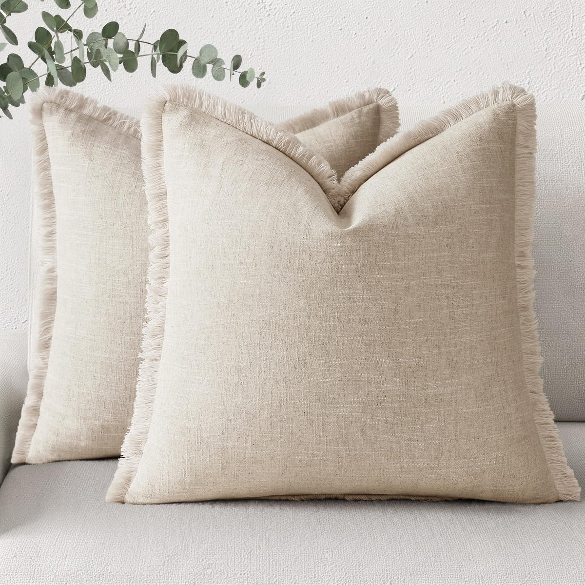 decorUhome summer neutral linen fringe pillow cover adds subtle texture to your sofa.
