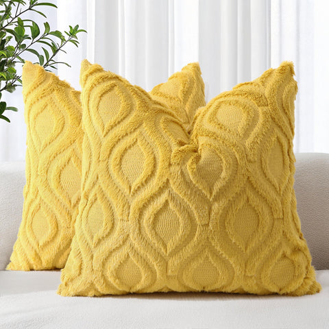 decorUhome 18x18 mustard pillow cover adds cozy sofa ambiance with plush texture.