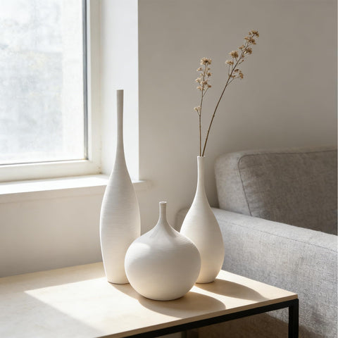 DecoVlog white ceramic vase set front view for elegant living room centerpiece.