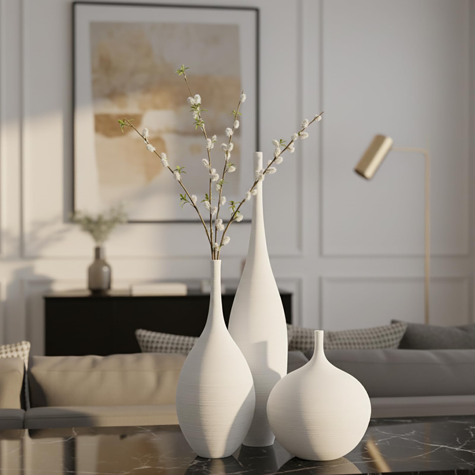 DecoVlog white ceramic vase set top-down arrangement for minimalist display.