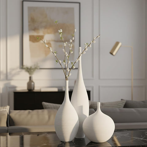 DecoVlog white ceramic vase set top-down arrangement for minimalist display.