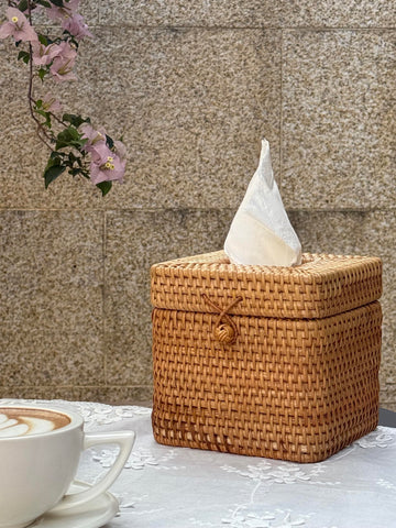DECRAFTS office setup with natural woven tissue box cover