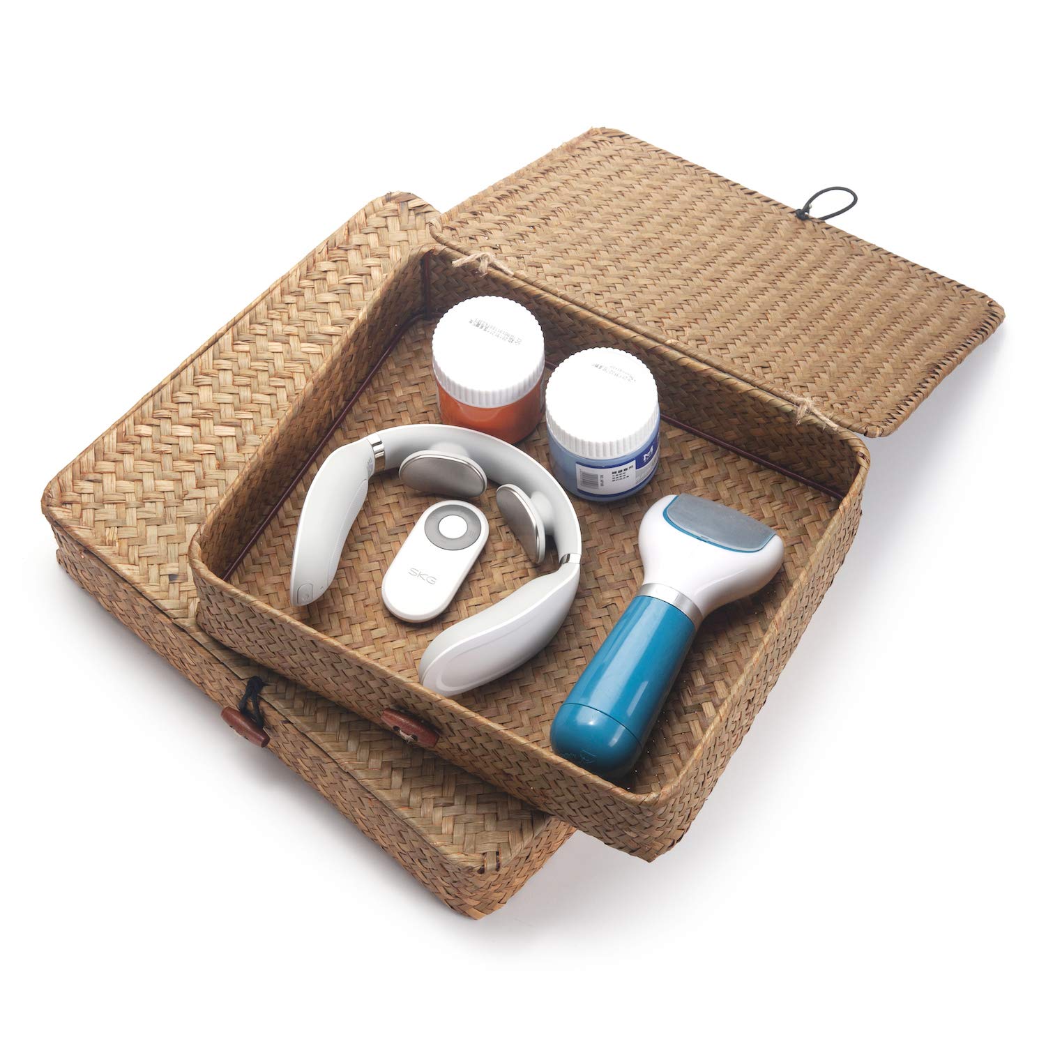 decrafts seagrass storage basket small lid ideal for compact dresser organization.