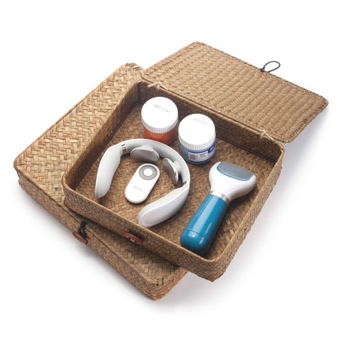 decrafts seagrass storage basket small lid ideal for compact dresser organization.