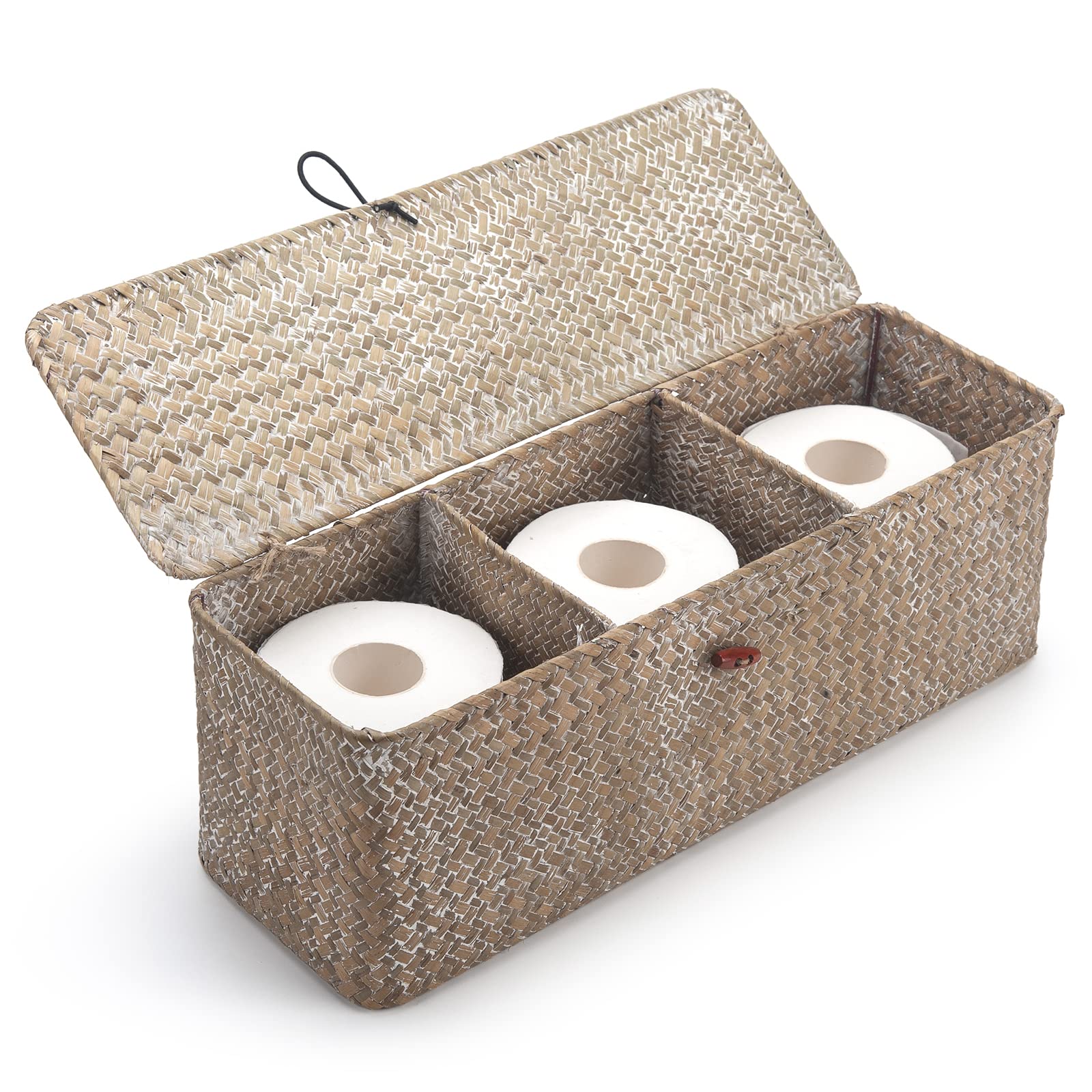 DECRAFTS whitewash seagrass tank basket with lid for organized bathroom essentials and easy reach