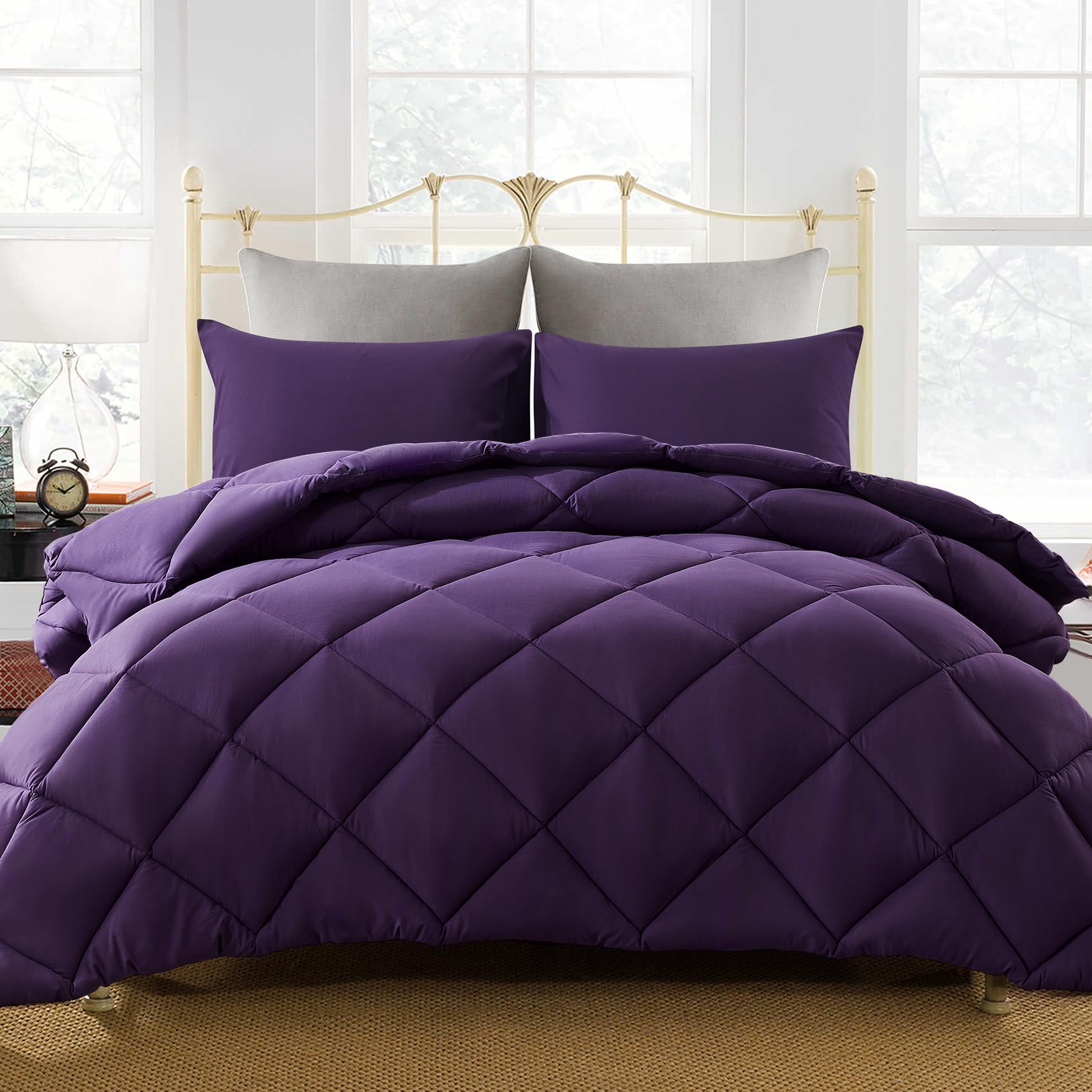 Decroom lightweight full comforter 82x86 on bed in purple for all-season warmth