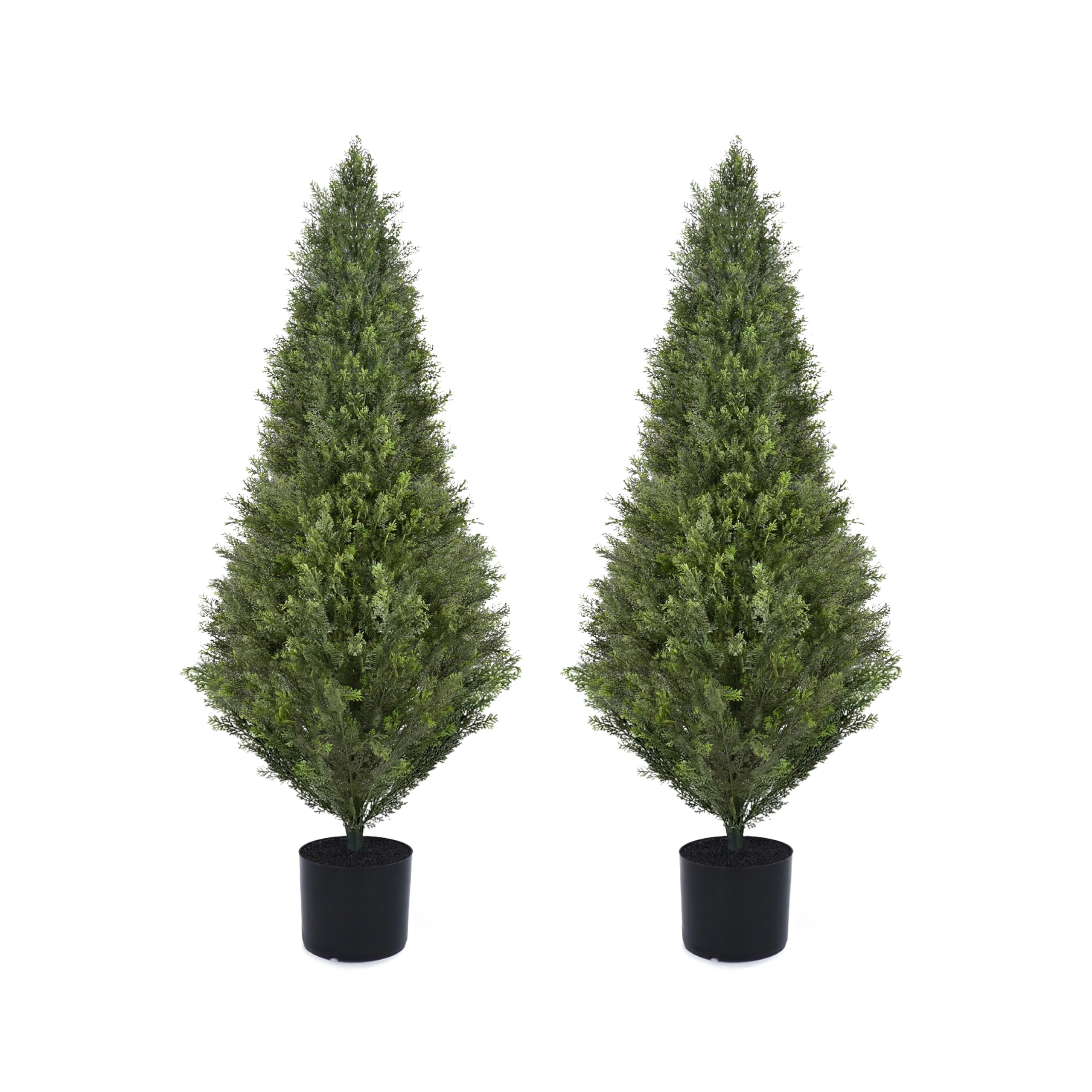 Decwin 4ft cedar topiary trees in black concrete pots, ideal for indoor display.
