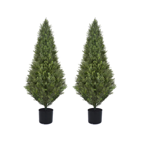 Decwin 4ft cedar topiary trees in black concrete pots, ideal for indoor display.