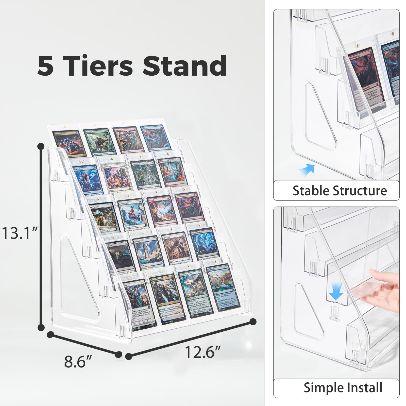 DEEIF 2-pack acrylic card display stand stacked with cards, ideal for tournaments and collections.
