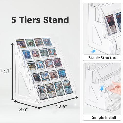 DEEIF 2-pack acrylic card display stand stacked with cards, ideal for tournaments and collections.