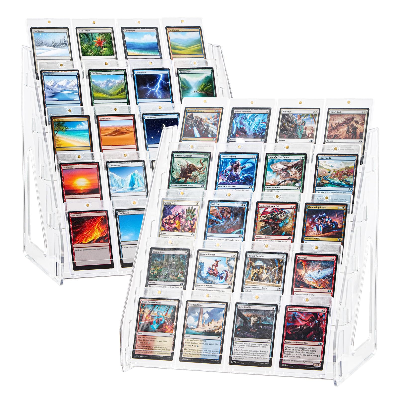DEEIF 2-pack acrylic card display stand front view, perfect for cleanly showcasing cards at shows.