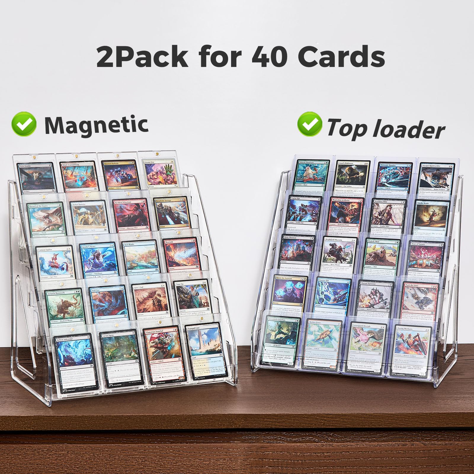 DEEIF 2-pack acrylic card display stand side angle, demonstrates non-overlapping 12-inch card spacing.
