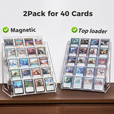 DEEIF 2-pack acrylic card display stand side angle, demonstrates non-overlapping 12-inch card spacing.
