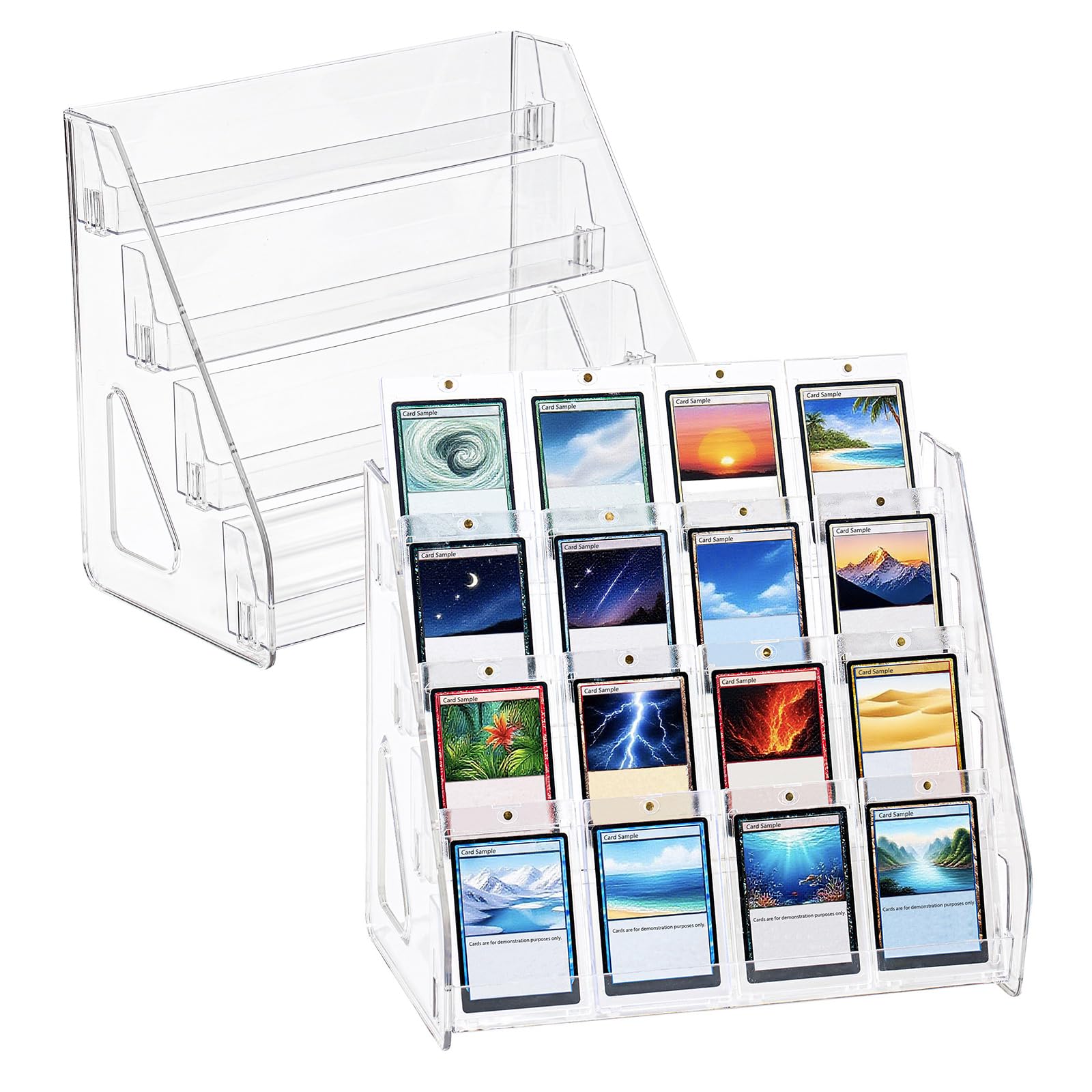 DEEIF 4-tier card display stand with four shelves for clear card visibility.