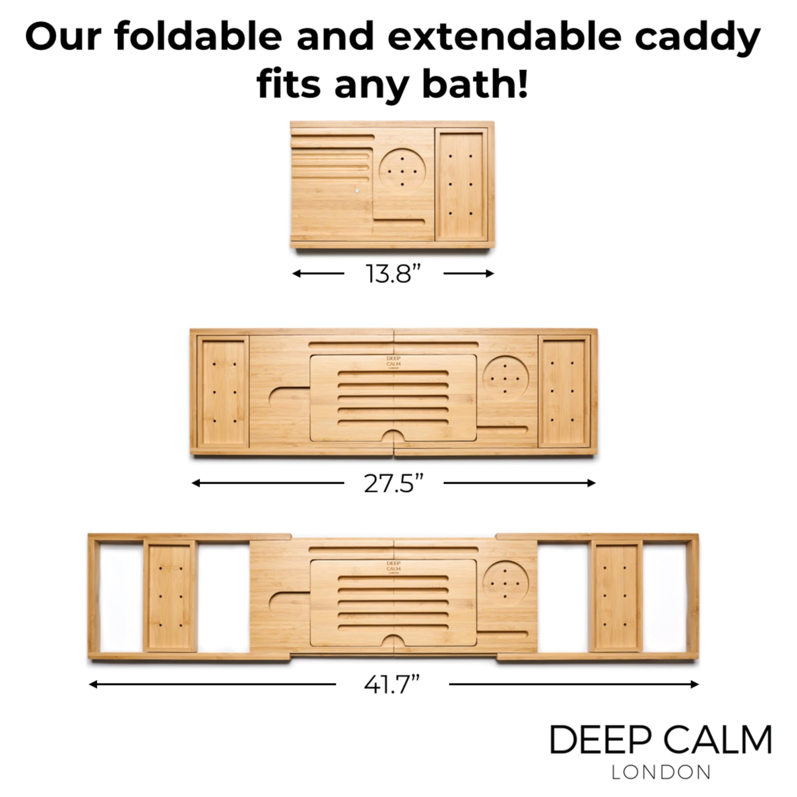 Deep Calm bamboo surface with waterproof lacquer protects items during soaks.