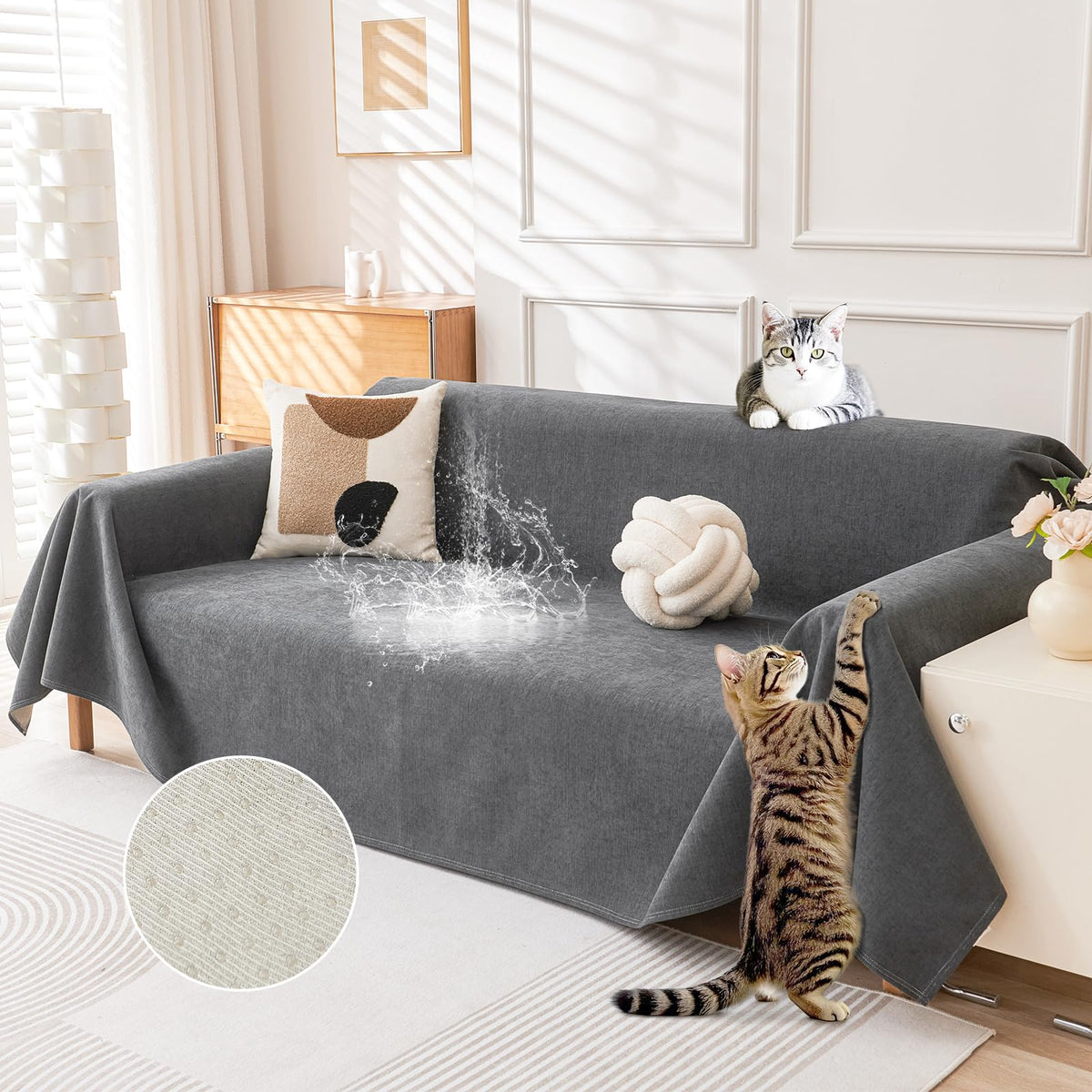 Deep Dream full-coverage couch cover on a 3-seat sofa, pet-friendly protection