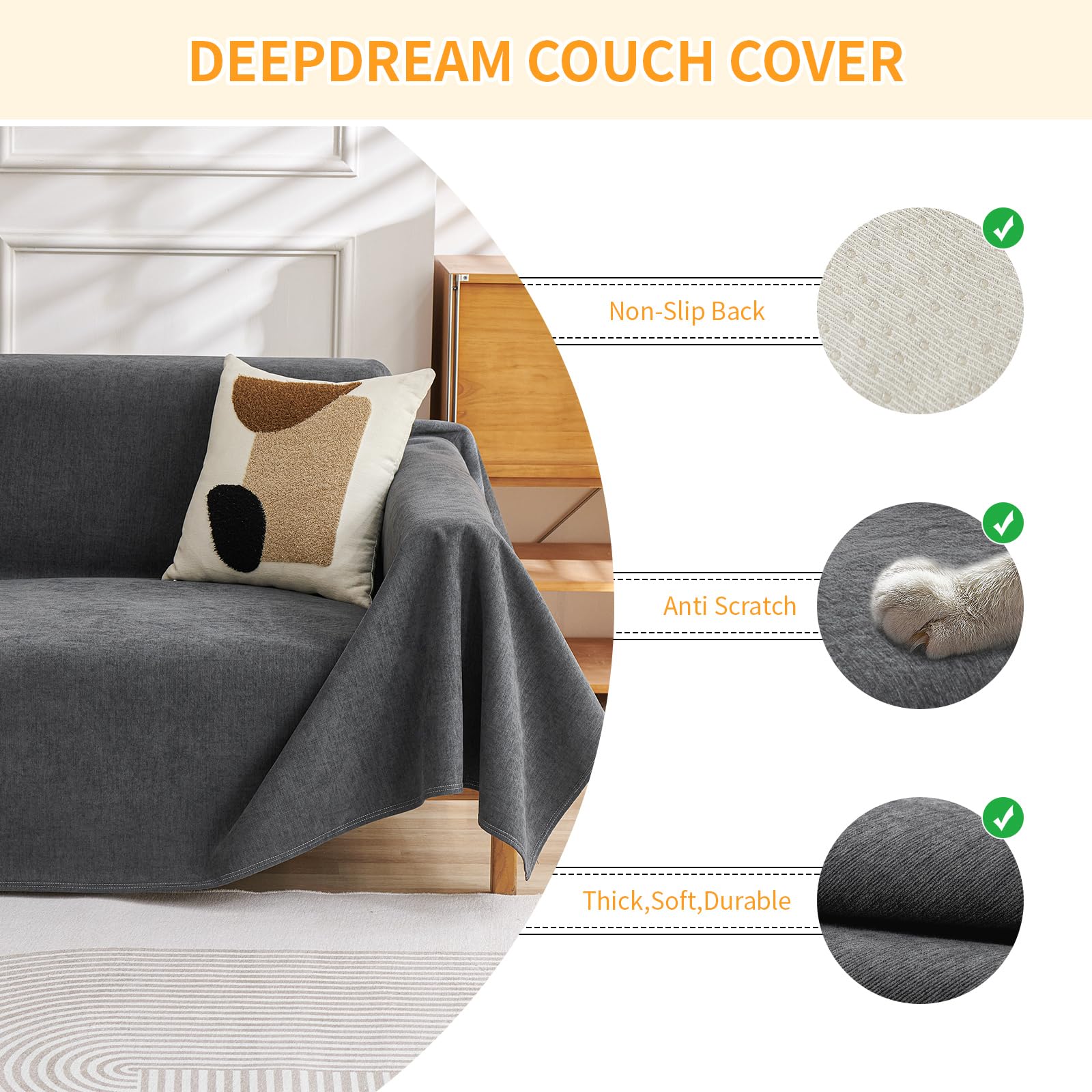 Deep Dream pet-friendly couch protector fabric blocks mess while staying comfortable.