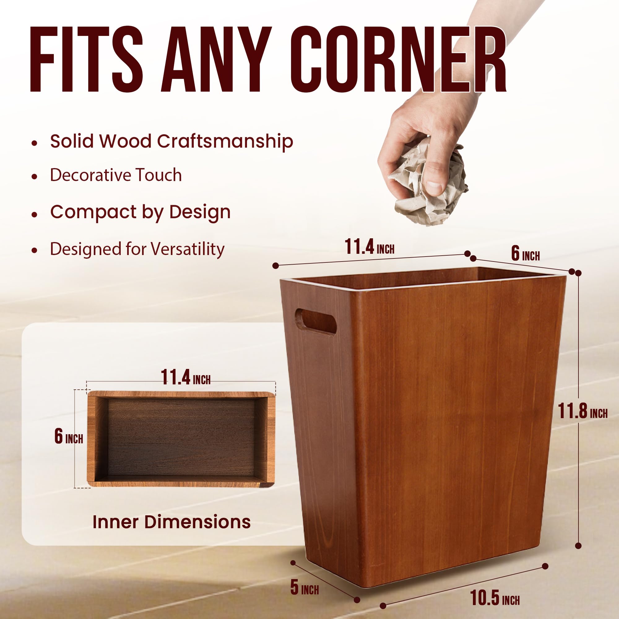 Deepredcoast wooden trash can with moisture-resistant lacquer for easy cleaning.