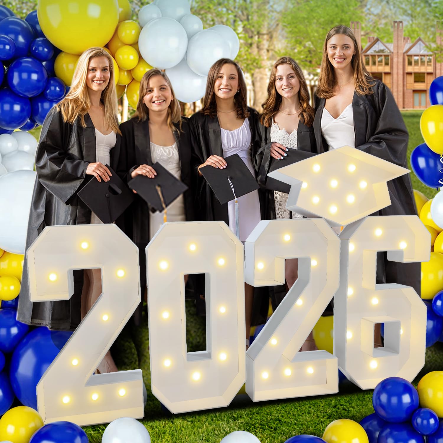 Deerher 2026 marquee numbers sign with cap and lights for festive outdoor grad parties.
