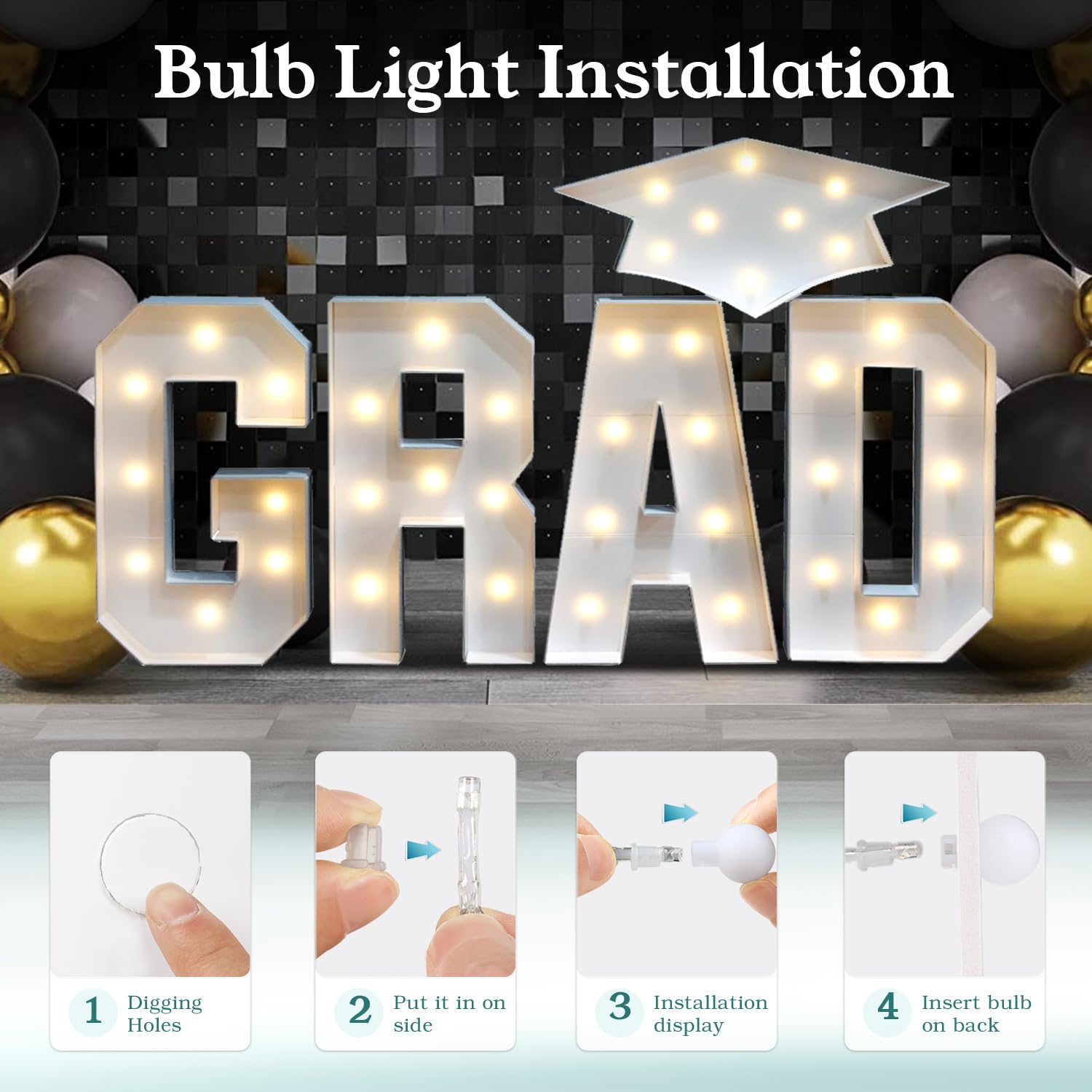 Deerher lights and balloons create a nighttime, photo-ready graduation scene