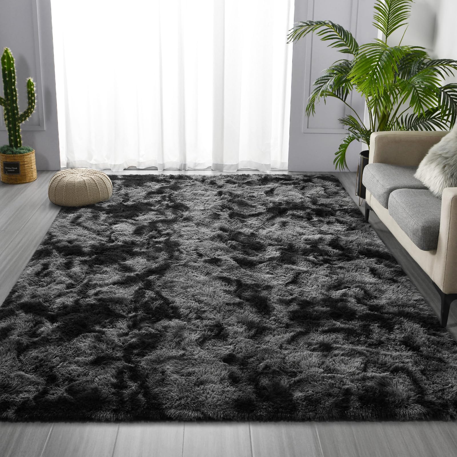 Deerhoo 6x9 tie-dyed dark-grey rug close-up highlights dense plush fibers for soft luxury.