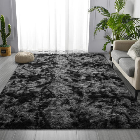 Deerhoo 6x9 tie-dyed dark-grey rug close-up highlights dense plush fibers for soft luxury.