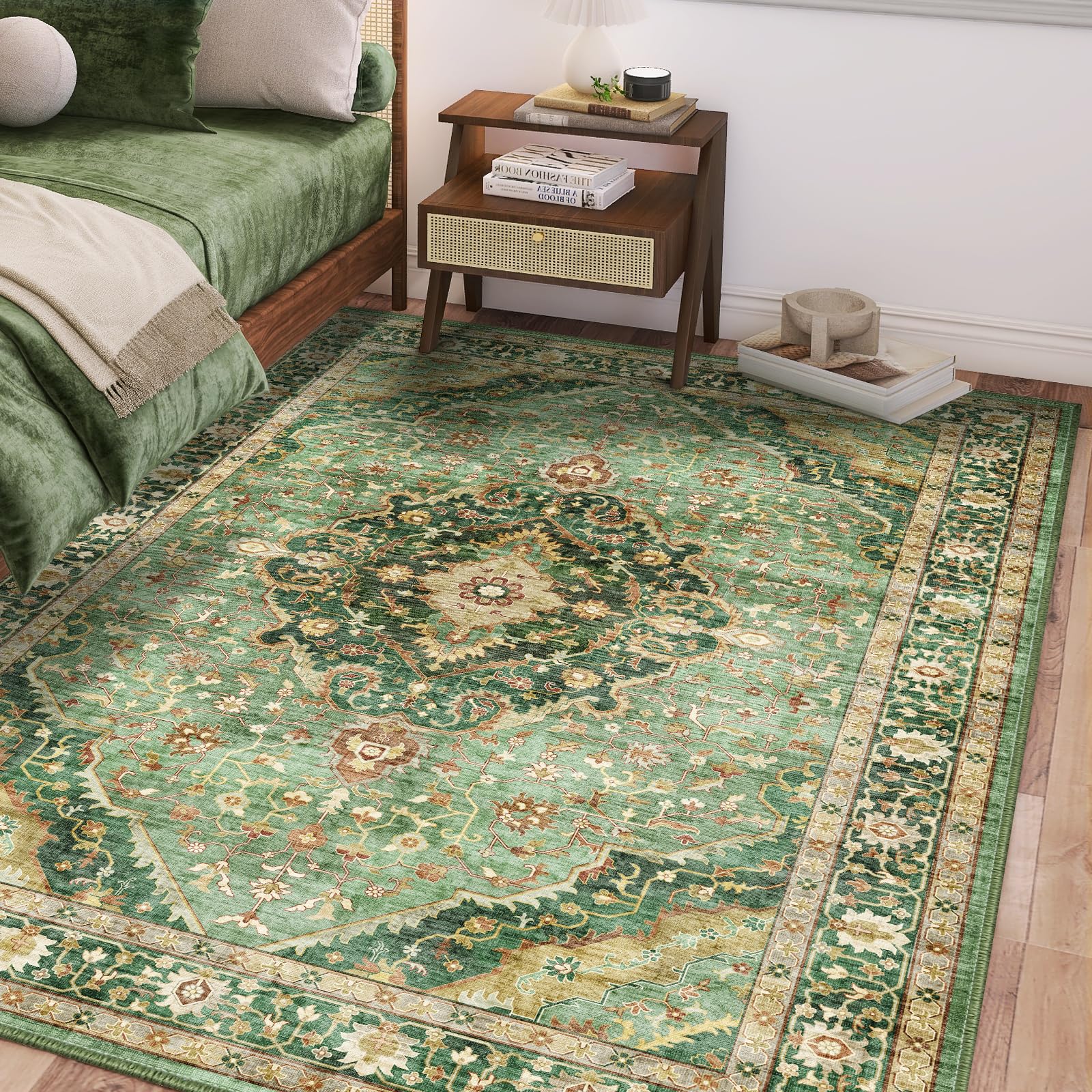 Deerly floral-pattern green rug adds entryway charm and warmth