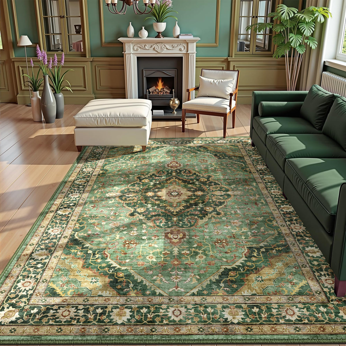 Deerly green 5x7 boho oriental rug with soft surface for living rooms