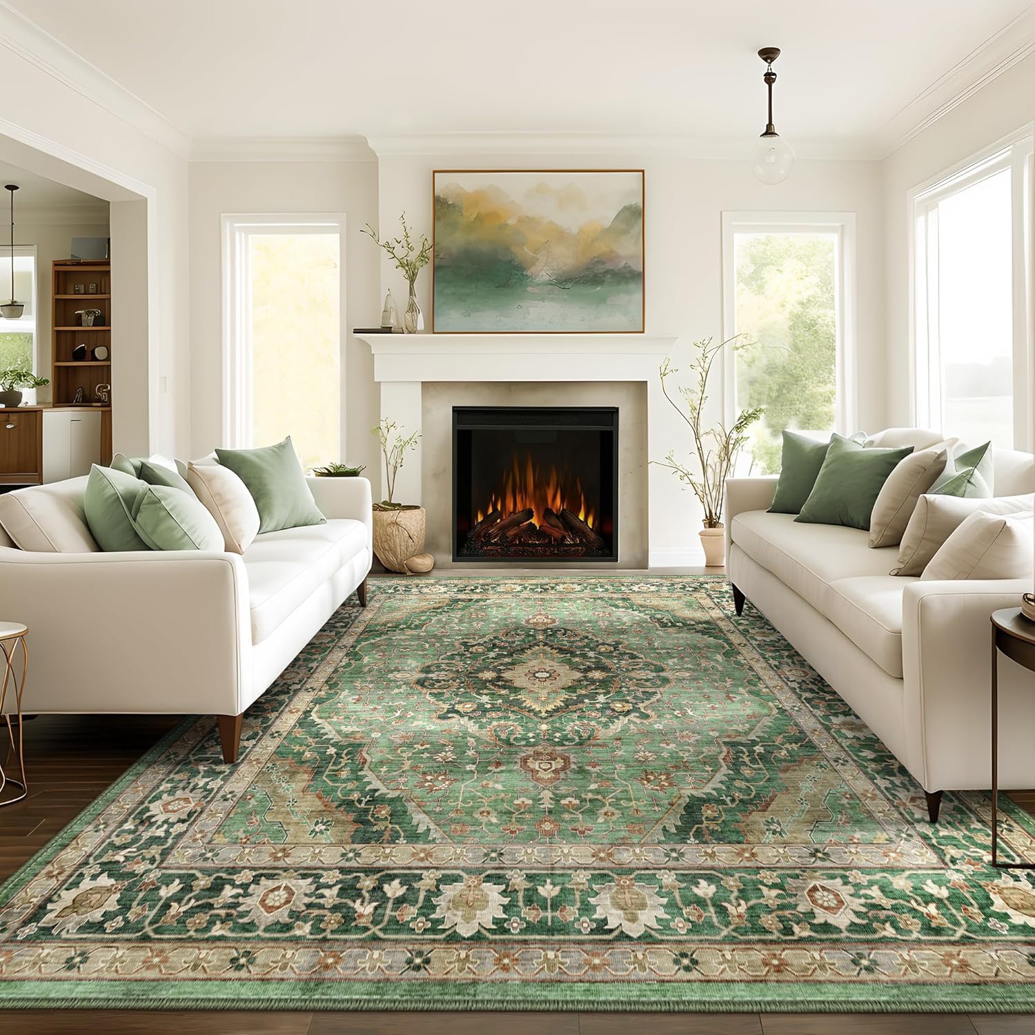 Deerly Green Rug 8x10 defined dining area with soft underfoot feel