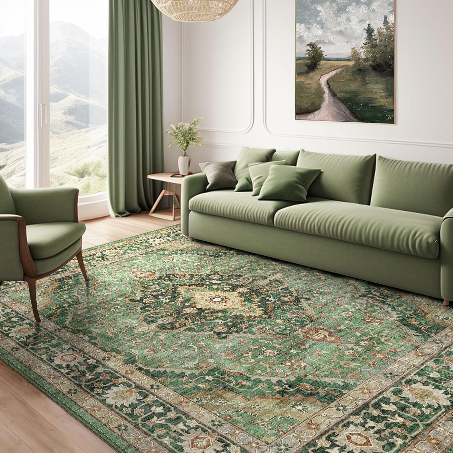Deerly Green Rug 8x10 in living room with boho floral print for warm styling
