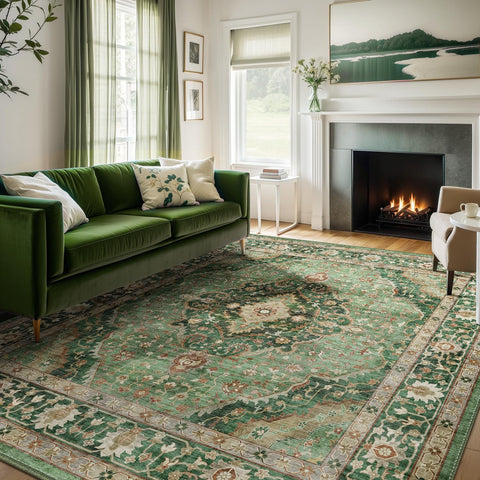 Deerly Green Rug 8x10 is machine-washable for simple cleanup