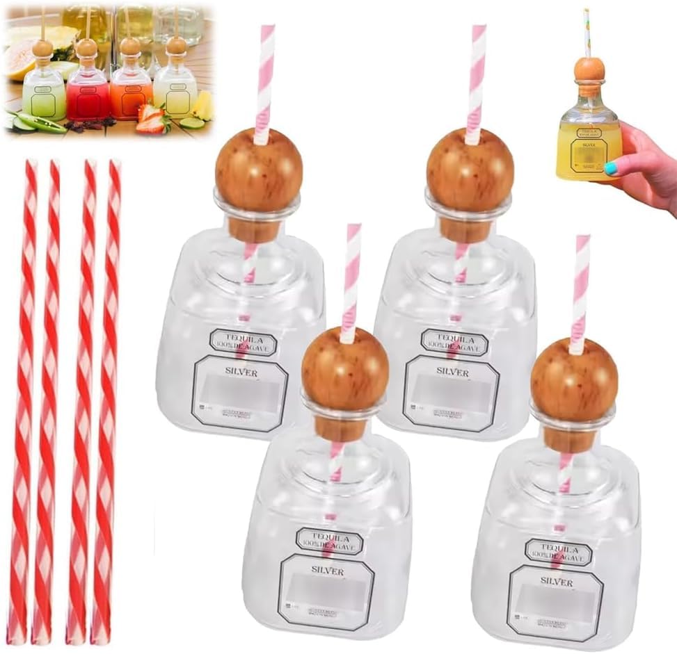 DEFACT Patron-inspired mini bottle with clear cup and straw hole for stylish parties.