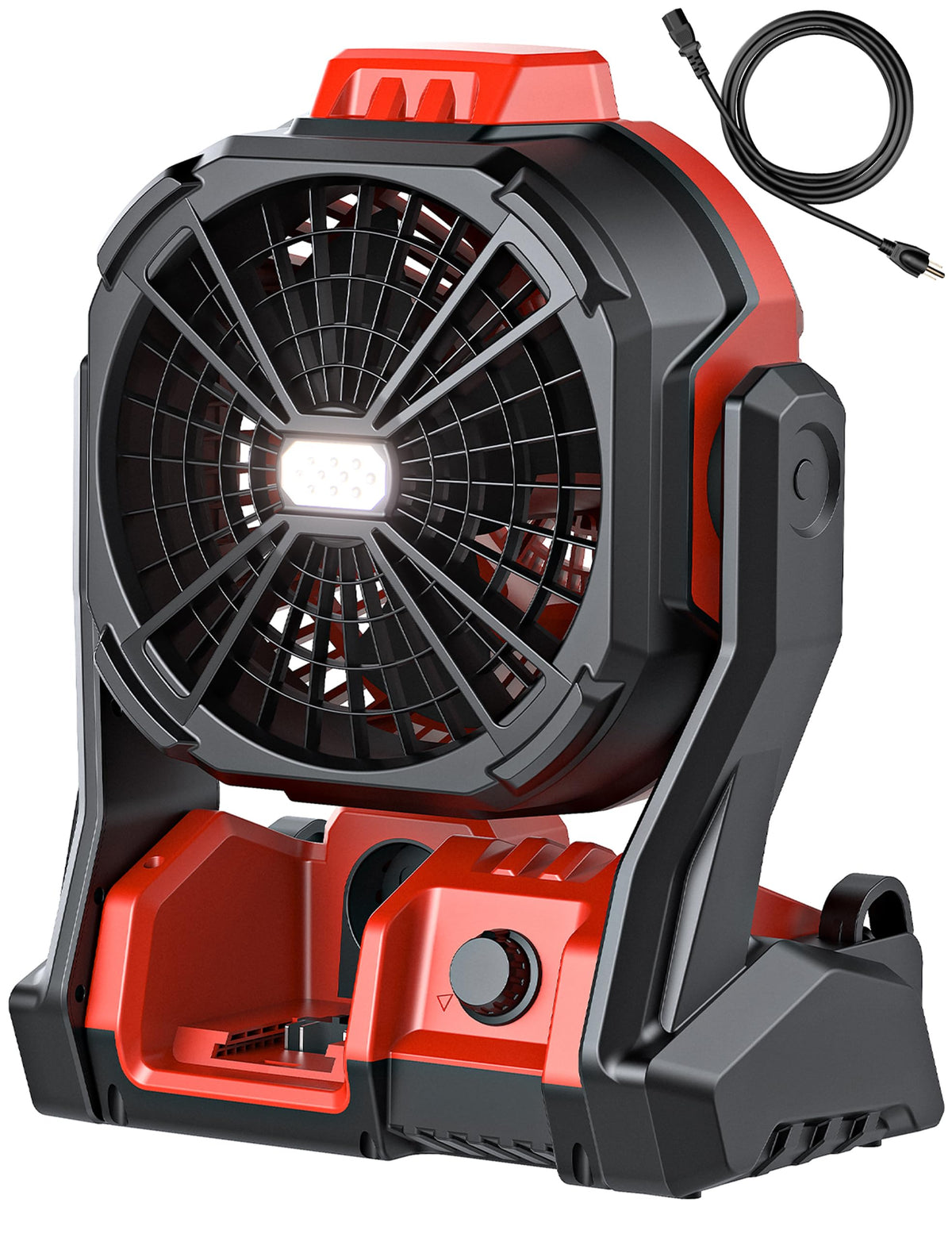 DeForce battery fan with Milwaukee 18V battery for on-site cooling.