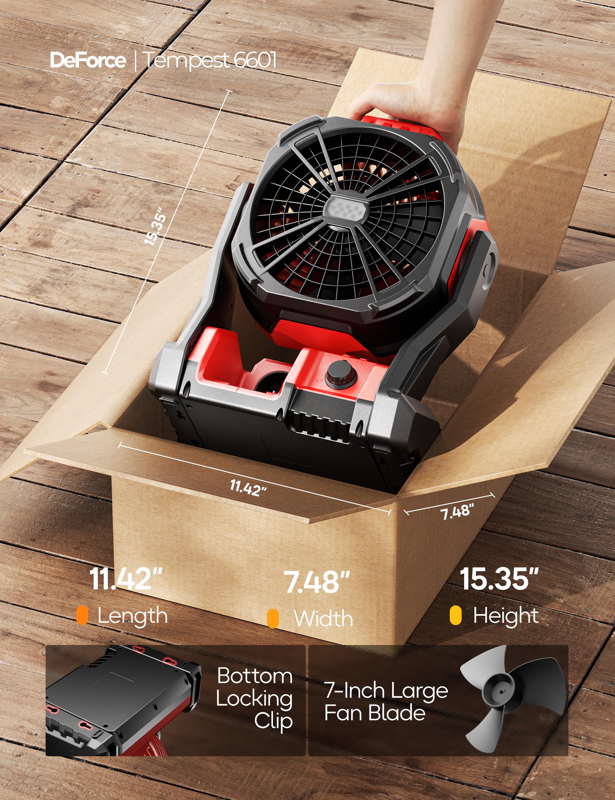 DeForce battery fan supports versatile setups with adjustable airflow.