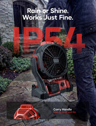 DeForce red, compact fan stays portable in tool totes.