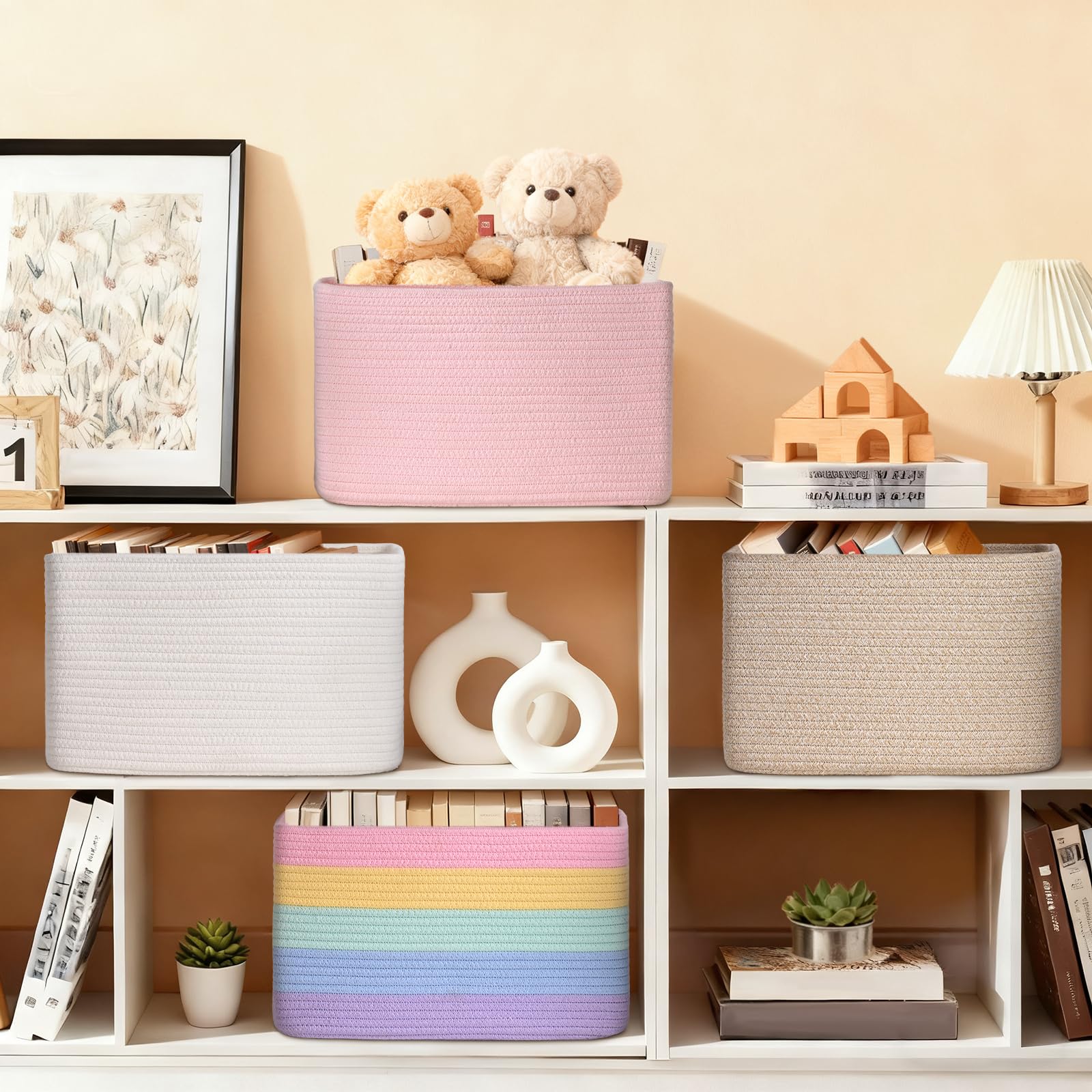 Degeyoyo 15x10x9 inches basket size fits shelves and closets.