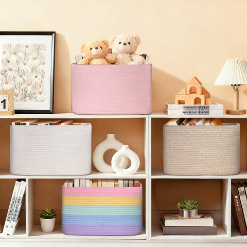 Degeyoyo 15x10x9 inches basket size fits shelves and closets.