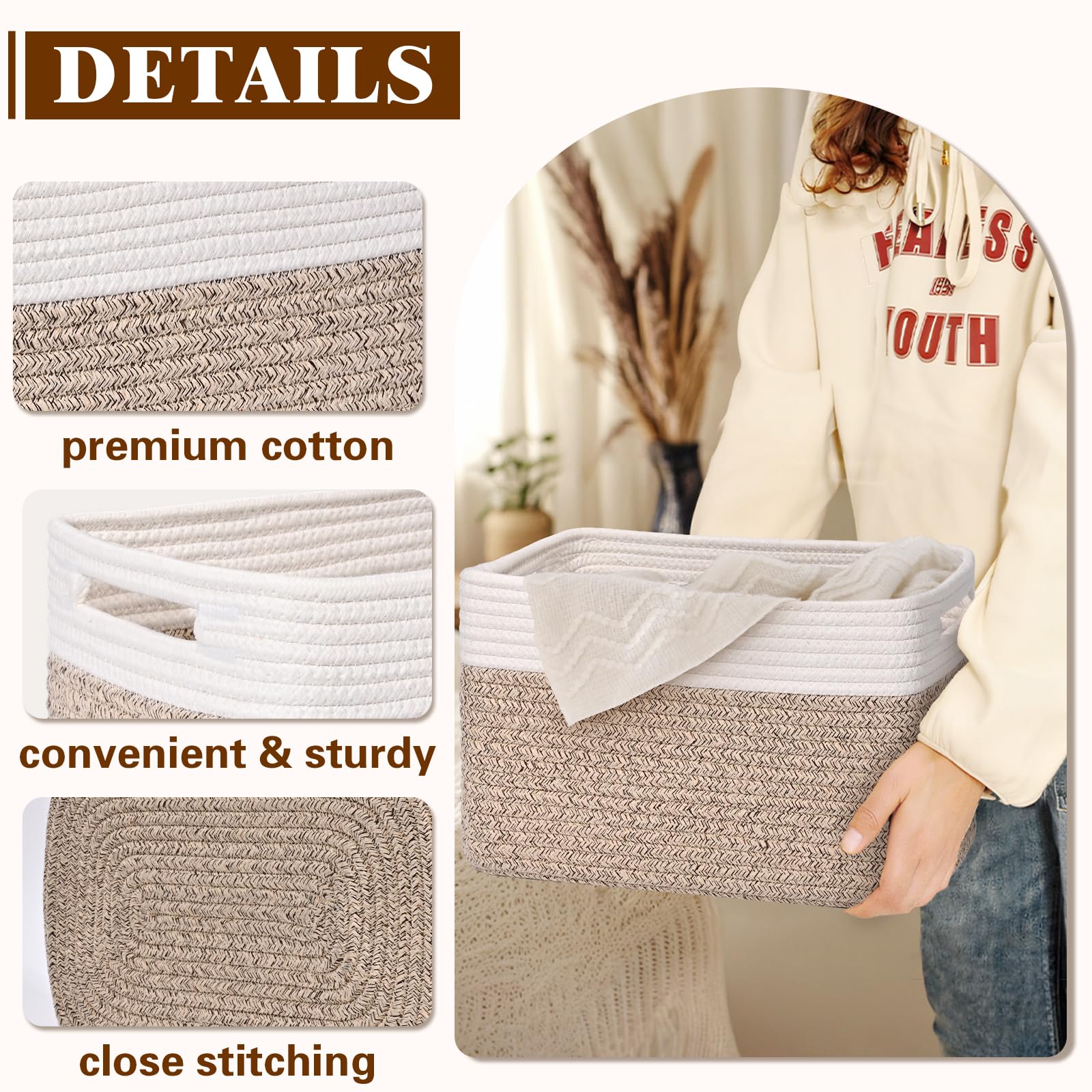 Degeyoyo baskets in living room add warmth and tidy storage.
