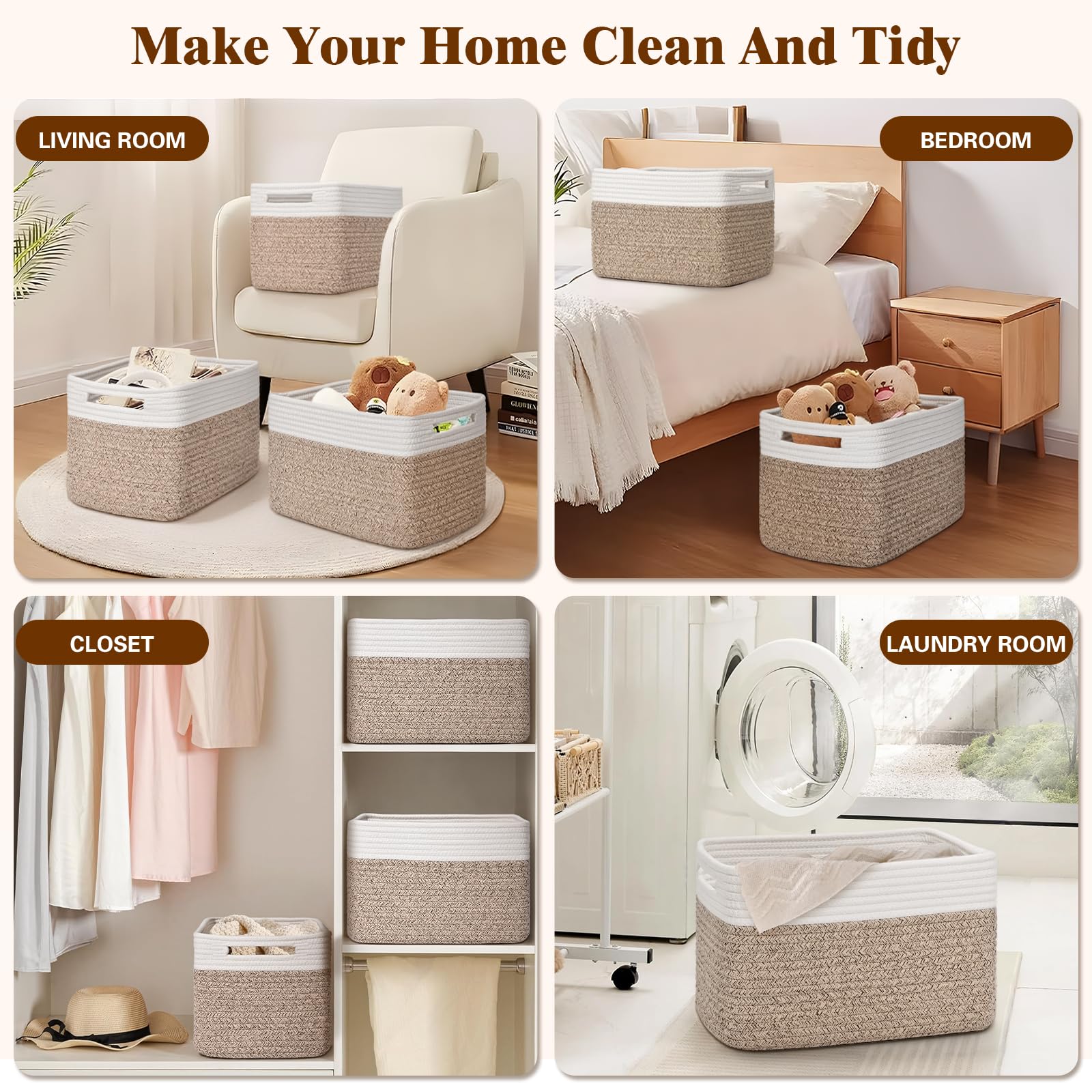 Degeyoyo brown-white woven basket on shelf adds neutral style.