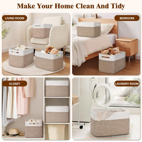 Degeyoyo brown-white woven basket on shelf adds neutral style.