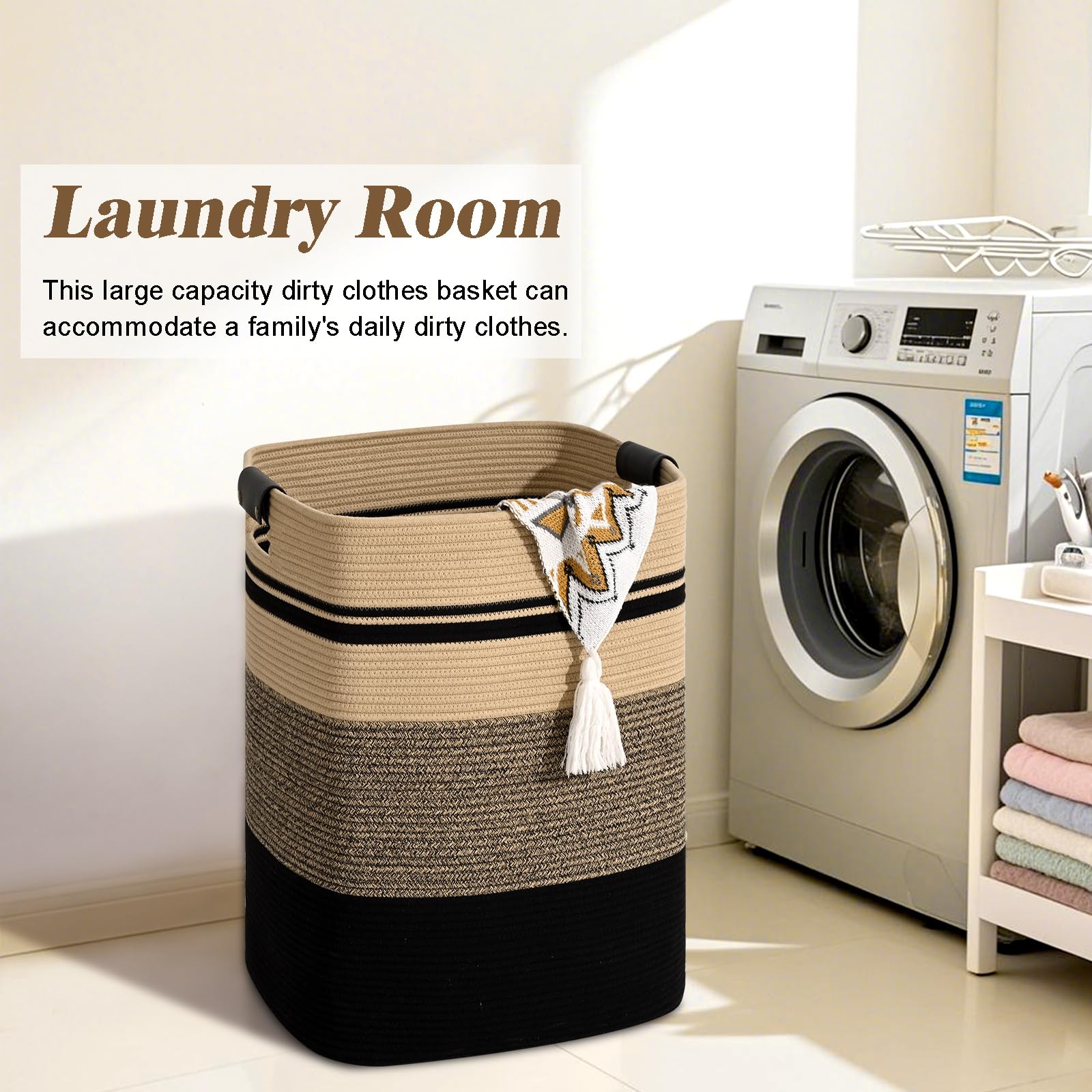 Rectangle large laundry basket fits neatly in corners and near the washer.