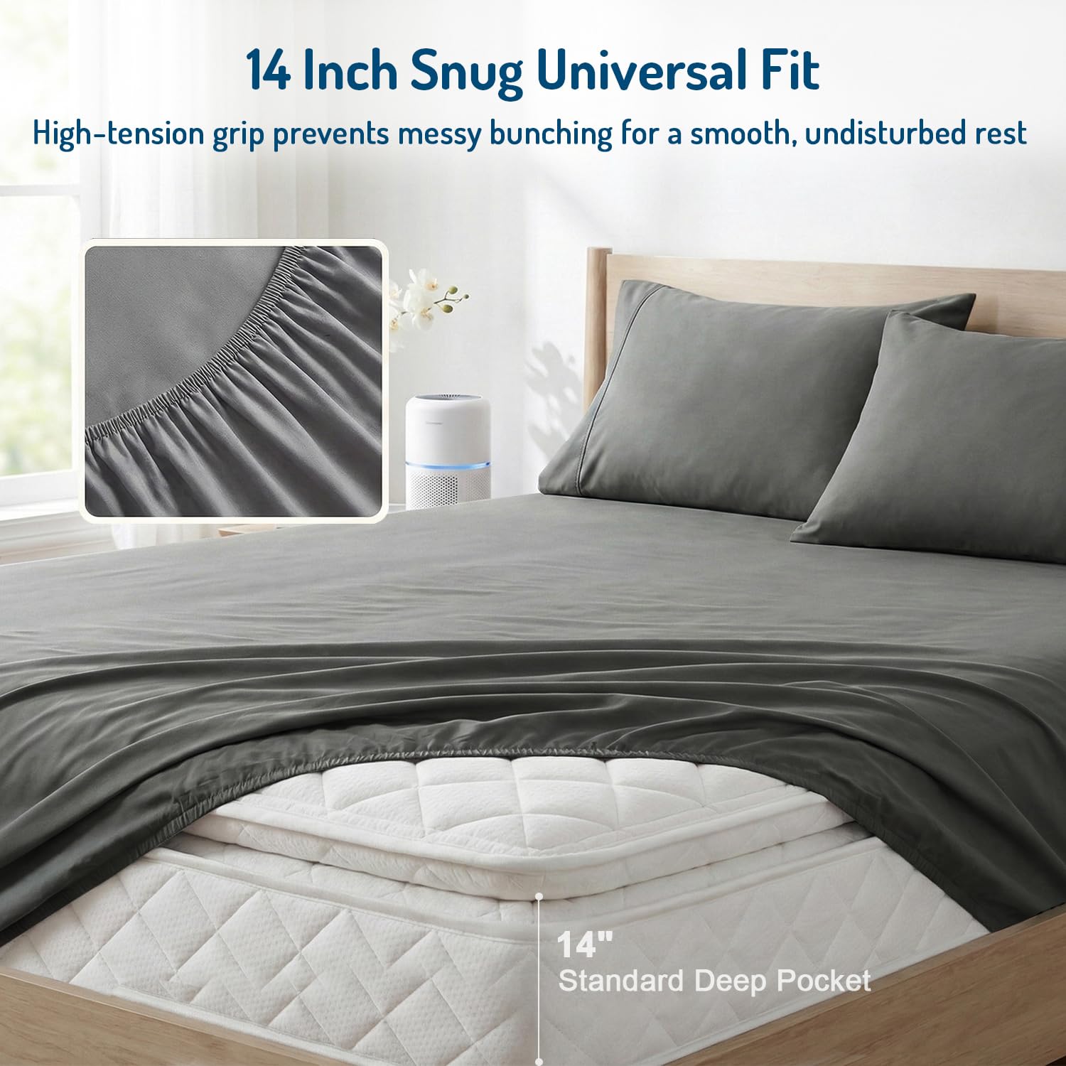 Degrees of Comfort deep-pocket fitted edge on mattress showing secure snug fit