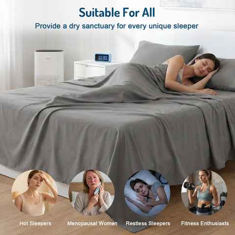 Degrees of Comfort four-piece set layout with fitted, flat sheet and two pillowcases