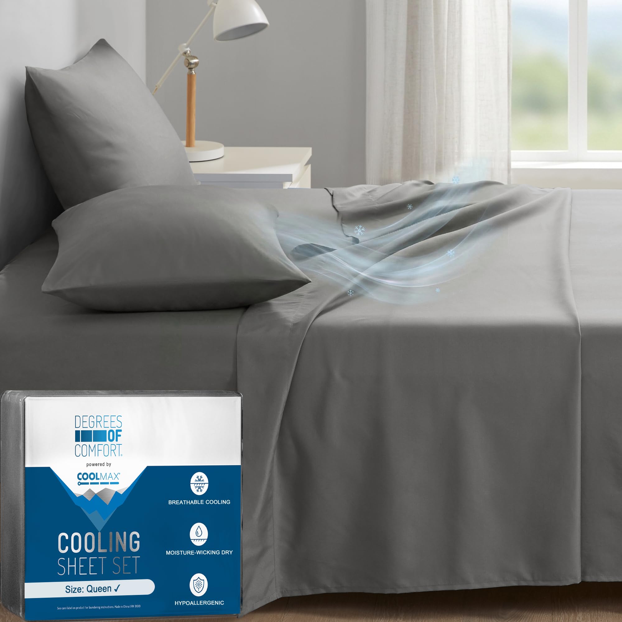 Degrees of Comfort Coolmax queen flat sheet close-up shows breathable moisture-wicking fabric ideal for hot nights