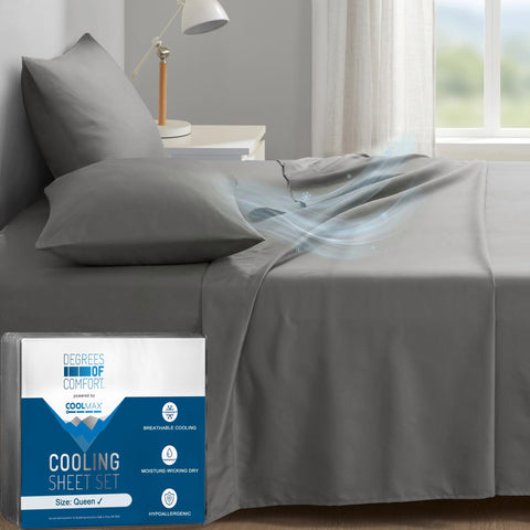 Degrees of Comfort Coolmax queen flat sheet close-up shows breathable moisture-wicking fabric ideal for hot nights