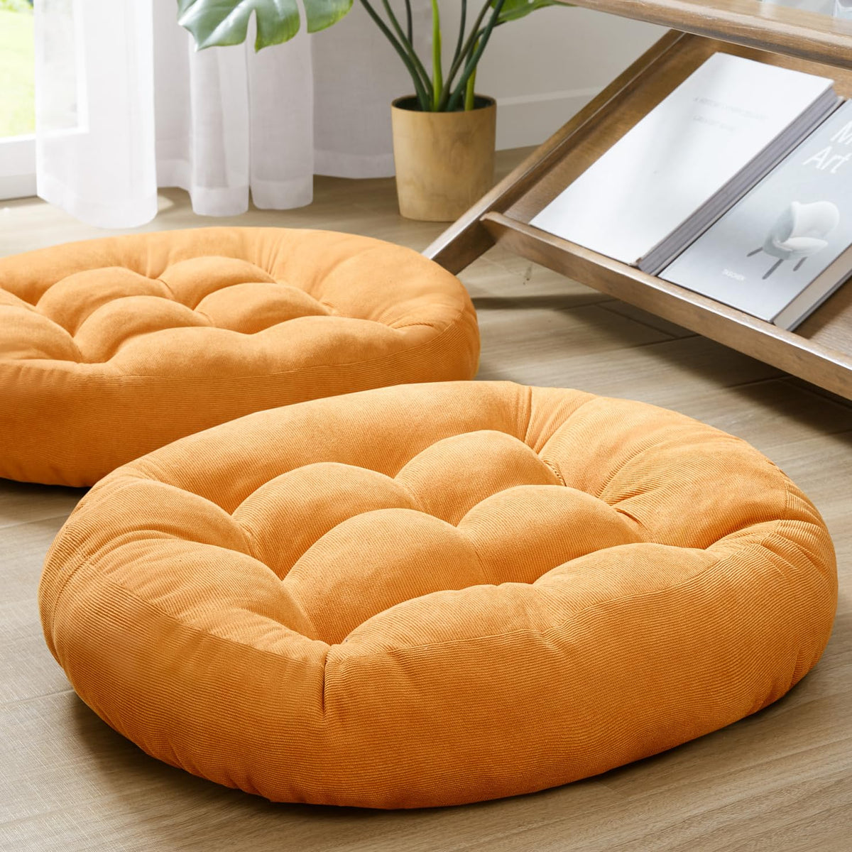 Degrees of Comfort floor cushion set, round top view, ideal extra seating for living rooms.