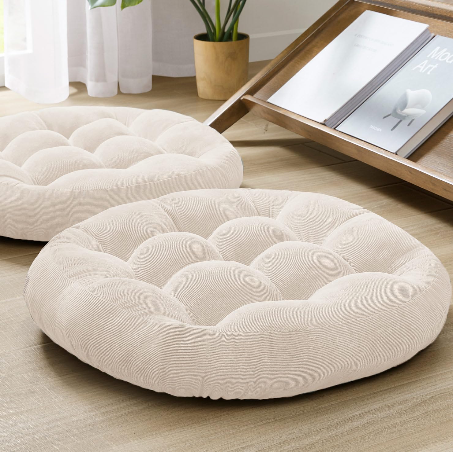 Degrees of Comfort meditation floor pillow pair close-up showing tufted corduroy for cozy seating.